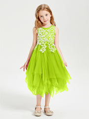 Robes de Demoiselle d'Honneur Junior en Tulle à Longueur de Mollet Vert Citron