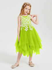 Robes de Demoiselle d'Honneur Junior en Tulle à Longueur de Mollet Vert Citron