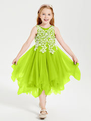 Robes de Demoiselle d'Honneur Junior en Tulle à Longueur de Mollet Vert Citron
