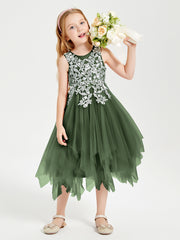 Robes de Demoiselle d'Honneur Junior en Tulle à Longueur de Mollet Olive Verte