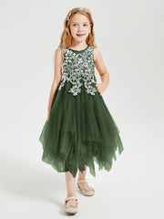 Robes de Demoiselle d'Honneur Junior en Tulle à Longueur de Mollet Olive Verte