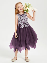 Robes de Demoiselle d'Honneur Junior en Tulle à Longueur de Mollet Plum