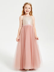 Robe Longue de Demoiselle d'Honneur Junior avec Haut en Paillettes et Jupe en Tulle Rose Poudré