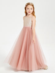 Robe Longue de Demoiselle d'Honneur Junior avec Haut en Paillettes et Jupe en Tulle Rose Poudré
