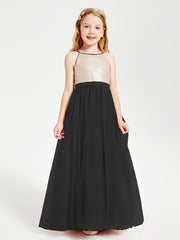 Robe Longue de Demoiselle d'Honneur Junior avec Haut en Paillettes et Jupe en Tulle Noir