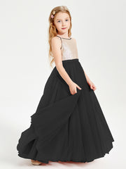 Robe Longue de Demoiselle d'Honneur Junior avec Haut en Paillettes et Jupe en Tulle Noir