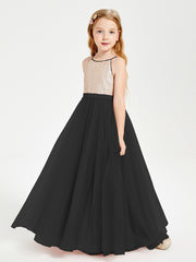 Robe Longue de Demoiselle d'Honneur Junior avec Haut en Paillettes et Jupe en Tulle Noir
