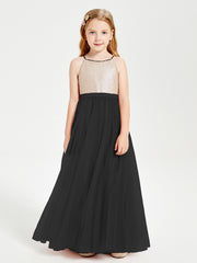 Robe Longue de Demoiselle d'Honneur Junior avec Haut en Paillettes et Jupe en Tulle Noir