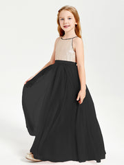 Robe Longue de Demoiselle d'Honneur Junior avec Haut en Paillettes et Jupe en Tulle Noir