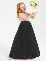 Robe Longue de Demoiselle d'Honneur Junior avec Haut en Paillettes et Jupe en Tulle Noir