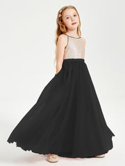 Robe Longue de Demoiselle d'Honneur Junior avec Haut en Paillettes et Jupe en Tulle Noir