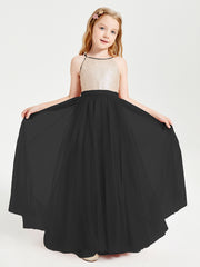 Robe Longue de Demoiselle d'Honneur Junior avec Haut en Paillettes et Jupe en Tulle Noir