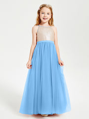 Robe Longue de Demoiselle d'Honneur Junior avec Haut en Paillettes et Jupe en Tulle Bleu