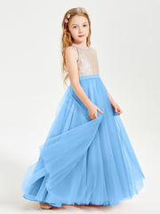 Robe Longue de Demoiselle d'Honneur Junior avec Haut en Paillettes et Jupe en Tulle Bleu