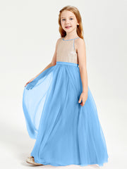 Robe Longue de Demoiselle d'Honneur Junior avec Haut en Paillettes et Jupe en Tulle Bleu