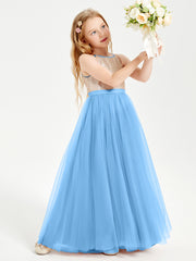 Robe Longue de Demoiselle d'Honneur Junior avec Haut en Paillettes et Jupe en Tulle Bleu