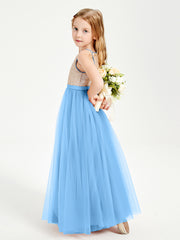 Robe Longue de Demoiselle d'Honneur Junior avec Haut en Paillettes et Jupe en Tulle Bleu