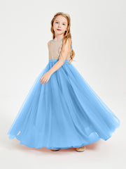 Robe Longue de Demoiselle d'Honneur Junior avec Haut en Paillettes et Jupe en Tulle Bleu