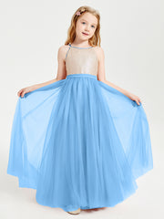 Robe Longue de Demoiselle d'Honneur Junior avec Haut en Paillettes et Jupe en Tulle Bleu