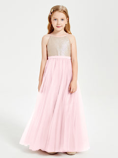 Robe Longue de Demoiselle d'Honneur Junior avec Haut en Paillettes et Jupe en Tulle Rose Pâle