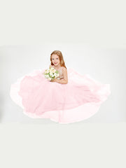 Robe Longue de Demoiselle d'Honneur Junior avec Haut en Paillettes et Jupe en Tulle Rose Pâle