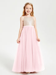 Robe Longue de Demoiselle d'Honneur Junior avec Haut en Paillettes et Jupe en Tulle Rose Pâle