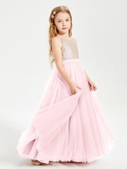 Robe Longue de Demoiselle d'Honneur Junior avec Haut en Paillettes et Jupe en Tulle Rose Pâle