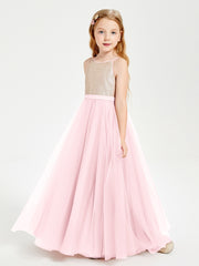 Robe Longue de Demoiselle d'Honneur Junior avec Haut en Paillettes et Jupe en Tulle Rose Pâle
