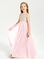 Robe Longue de Demoiselle d'Honneur Junior avec Haut en Paillettes et Jupe en Tulle Rose Pâle