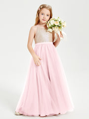 Robe Longue de Demoiselle d'Honneur Junior avec Haut en Paillettes et Jupe en Tulle Rose Pâle