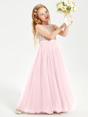 Robe Longue de Demoiselle d'Honneur Junior avec Haut en Paillettes et Jupe en Tulle Rose Pâle