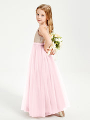 Robe Longue de Demoiselle d'Honneur Junior avec Haut en Paillettes et Jupe en Tulle Rose Pâle
