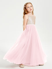 Robe Longue de Demoiselle d'Honneur Junior avec Haut en Paillettes et Jupe en Tulle Rose Pâle
