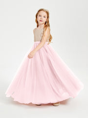 Robe Longue de Demoiselle d'Honneur Junior avec Haut en Paillettes et Jupe en Tulle Rose Pâle