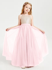 Robe Longue de Demoiselle d'Honneur Junior avec Haut en Paillettes et Jupe en Tulle Rose Pâle