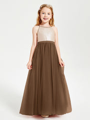 Robe Longue de Demoiselle d'Honneur Junior avec Haut en Paillettes et Jupe en Tulle Brun
