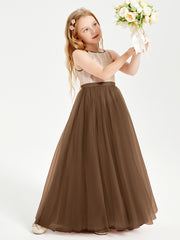 Robe Longue de Demoiselle d'Honneur Junior avec Haut en Paillettes et Jupe en Tulle Brun