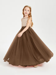 Robe Longue de Demoiselle d'Honneur Junior avec Haut en Paillettes et Jupe en Tulle Brun