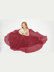 Robe Longue de Demoiselle d'Honneur Junior avec Haut en Paillettes et Jupe en Tulle Bordeaux