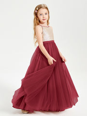 Robe Longue de Demoiselle d'Honneur Junior avec Haut en Paillettes et Jupe en Tulle Bordeaux