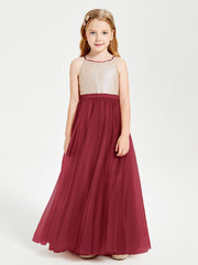 Robe Longue de Demoiselle d'Honneur Junior avec Haut en Paillettes et Jupe en Tulle Bordeaux
