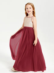 Robe Longue de Demoiselle d'Honneur Junior avec Haut en Paillettes et Jupe en Tulle Bordeaux