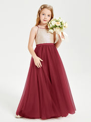 Robe Longue de Demoiselle d'Honneur Junior avec Haut en Paillettes et Jupe en Tulle Bordeaux
