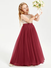 Robe Longue de Demoiselle d'Honneur Junior avec Haut en Paillettes et Jupe en Tulle Bordeaux