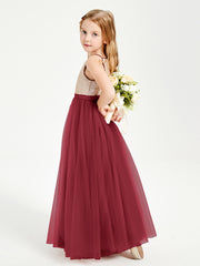 Robe Longue de Demoiselle d'Honneur Junior avec Haut en Paillettes et Jupe en Tulle Bordeaux
