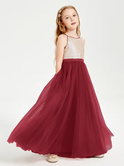 Robe Longue de Demoiselle d'Honneur Junior avec Haut en Paillettes et Jupe en Tulle Bordeaux