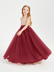 Robe Longue de Demoiselle d'Honneur Junior avec Haut en Paillettes et Jupe en Tulle Bordeaux