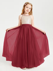Robe Longue de Demoiselle d'Honneur Junior avec Haut en Paillettes et Jupe en Tulle Bordeaux