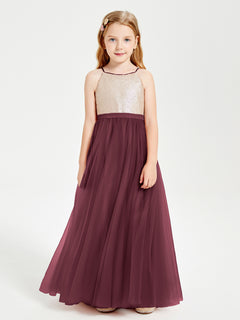 Robe Longue de Demoiselle d'Honneur Junior avec Haut en Paillettes et Jupe en Tulle Cabernet