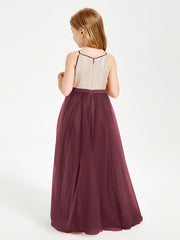 Robe Longue de Demoiselle d'Honneur Junior avec Haut en Paillettes et Jupe en Tulle Cabernet